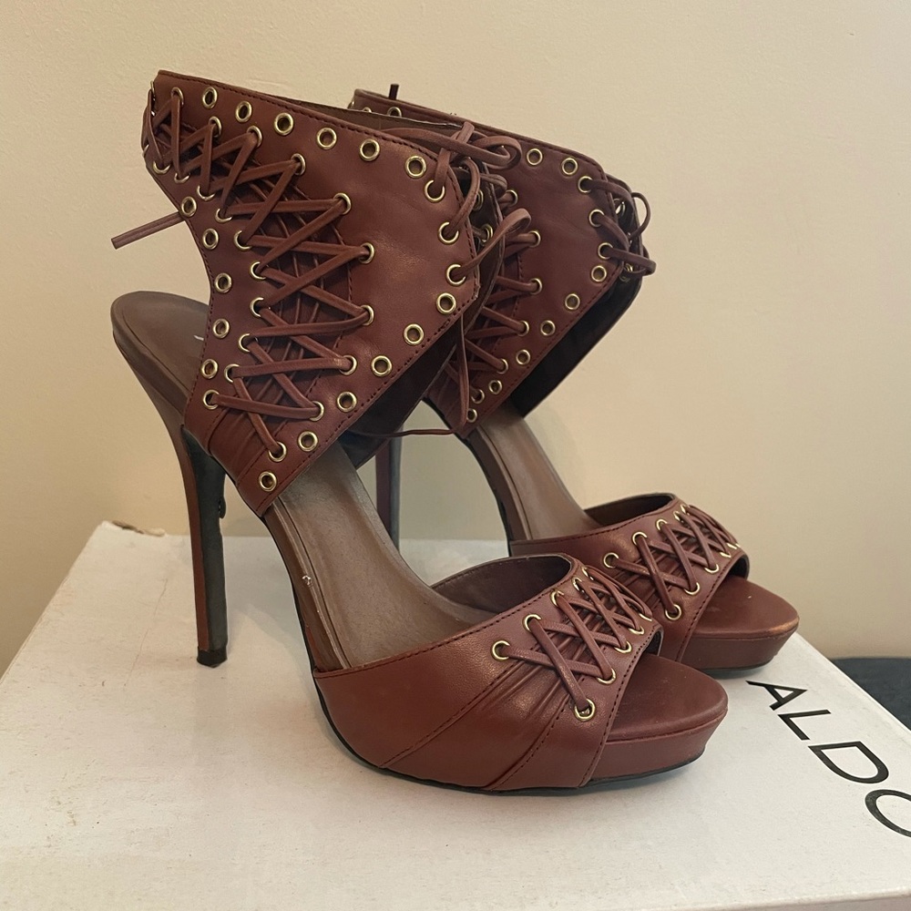 Brown lace up heeled sandals